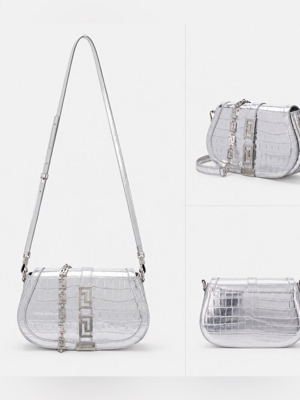 Versace Garcia Croc-Embossed Leather Shoulder Bag Silver New 2900$